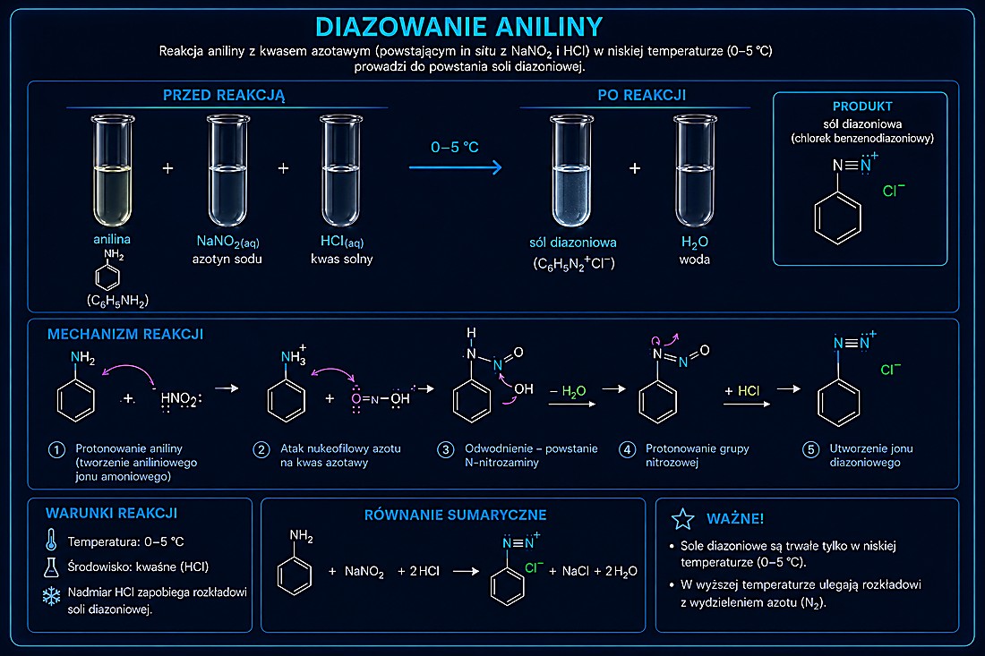 Diazowanie aniliny — reakcja z kwasem azotowym(III) (z NaNO₂+HCl) w 0–5°C, powstaje sól diazoniowa
