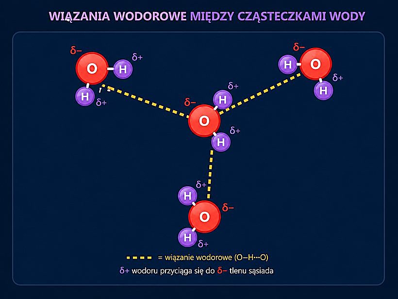 Wiązania wodorowe między cząsteczkami wody