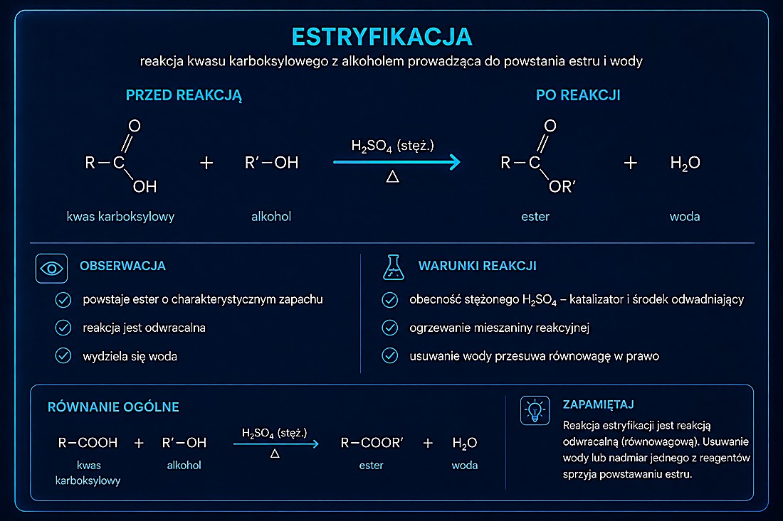 Estryfikacja — reakcja kwasu karboksylowego z alkoholem (kat. H₂SO₄), powstaje ester i woda