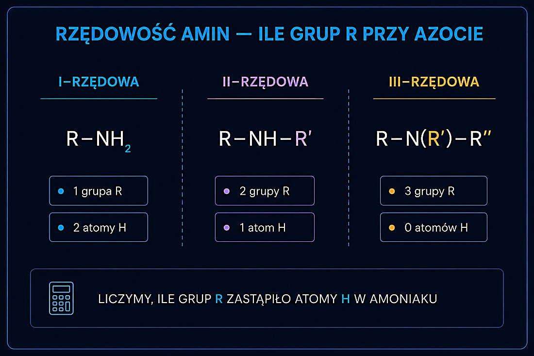 Rzędowość amin — liczymy, ile grup R zastąpiło atomy H w amoniaku (1, 2 lub 3 grupy R)
