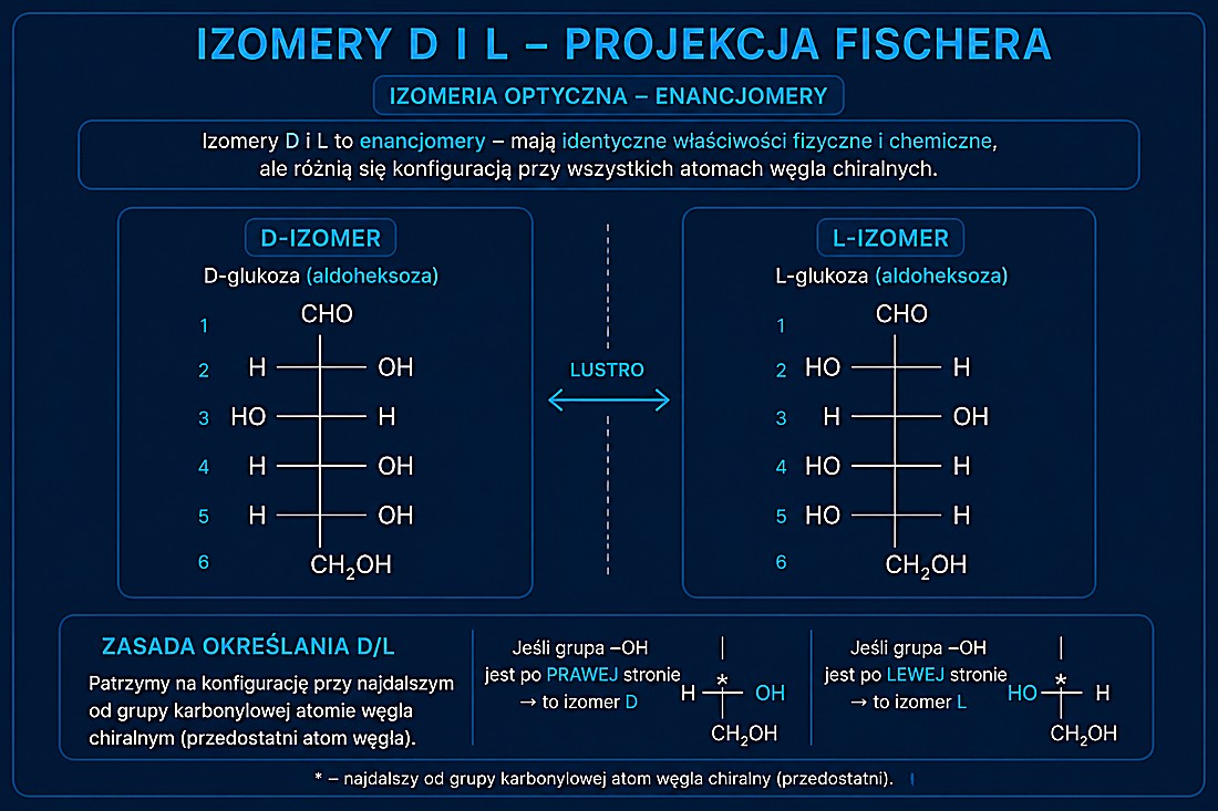 Izomery D i L (enancjomery) w projekcji Fischera — różnią się konfiguracją przy wszystkich atomach węgla chiralnych