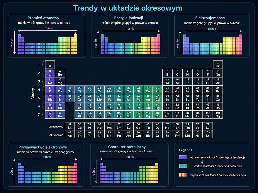 Trendy w układzie okresowym — promień, energia jonizacji, elektroujemność, powinowactwo, charakter metaliczny