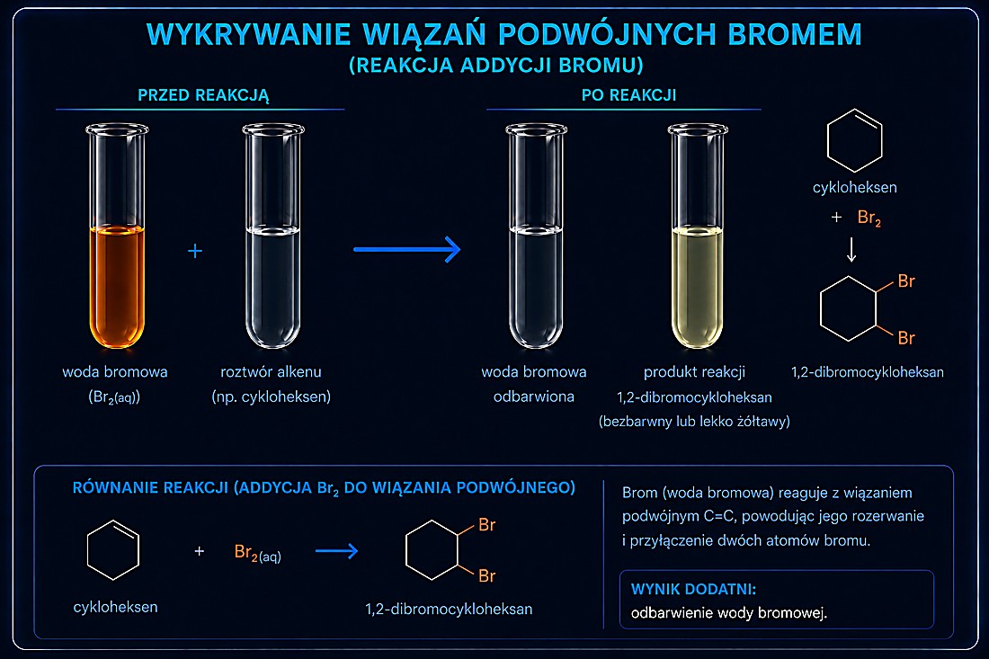Wykrywanie wiązań podwójnych bromem (woda bromowa odbarwia się w reakcji addycji Br₂ do C=C, np. dla cykloheksenu — powstaje 1,2-dibromocykloheksan)