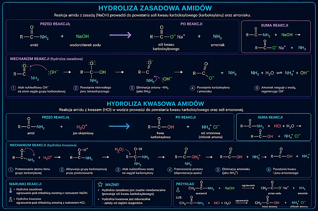 Hydroliza zasadowa i kwasowa amidów — mechanizmy reakcji