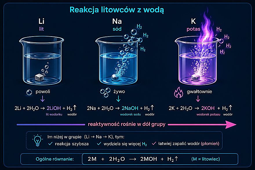 Reakcja litowców z wodą — Li powoli, Na żywo, K gwałtownie