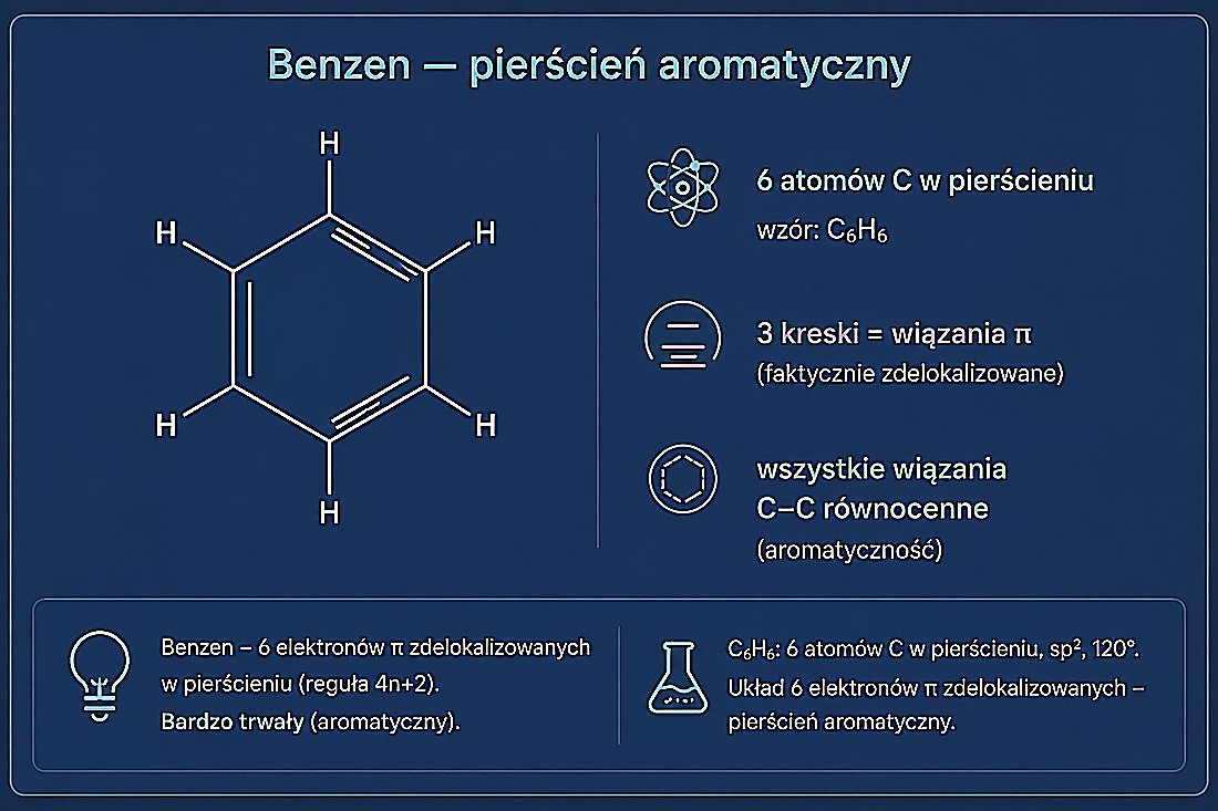 Benzen — pierścień aromatyczny z 6 atomami C, 3 wiązaniami π i wszystkimi wiązaniami C-C równocennymi