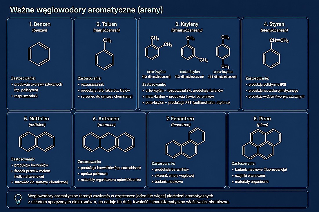 Ważne węglowodory aromatyczne — benzen, toluen, ksyleny, styren, naftalen, antracen, fenantren, piren