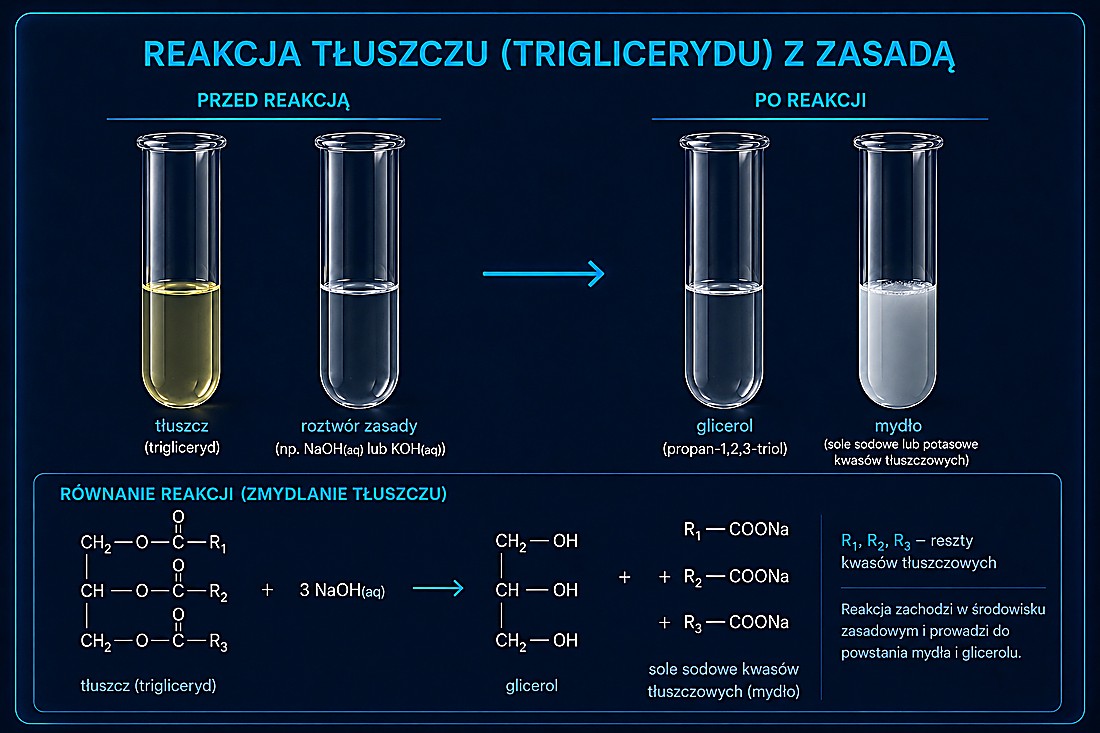 Reakcja tłuszczu (triglicerydu) z zasadą (NaOH/KOH) — zmydlanie: powstaje glicerol i mydło (sole kwasów tłuszczowych)