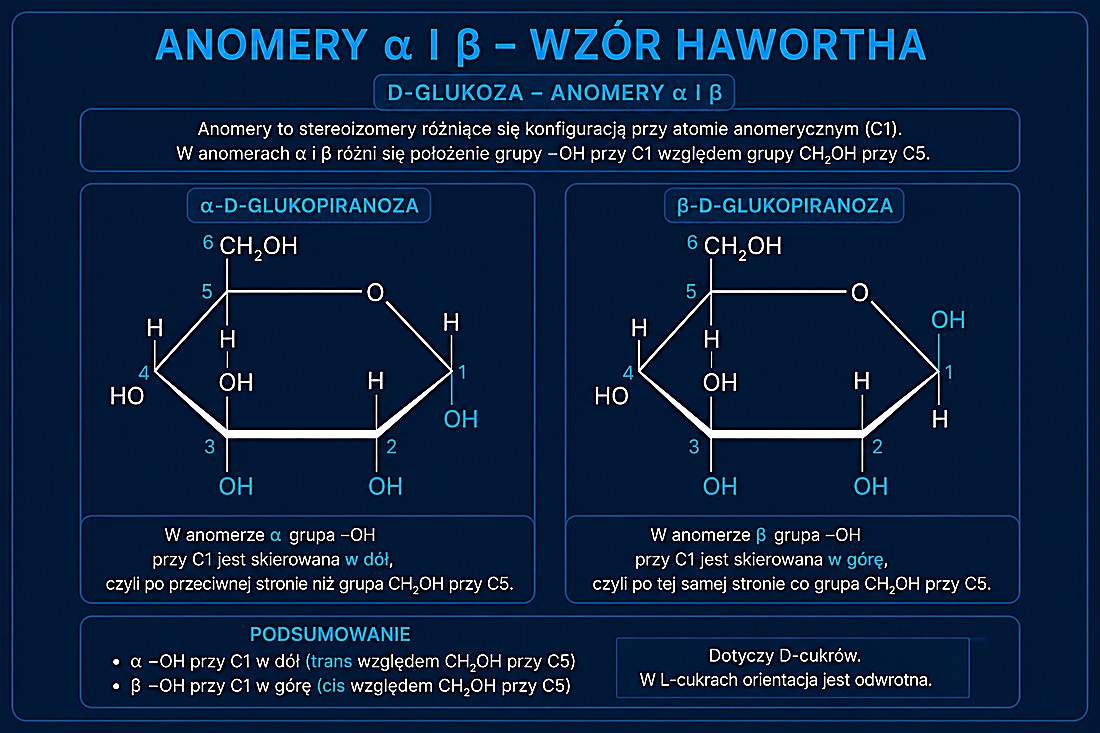 Anomery α i β D-glukozy (wzór Hawortha) — różnią się położeniem –OH przy węglu anomerycznym C1