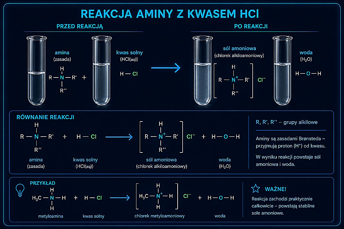 Reakcja aminy z kwasem HCl — powstaje sól amoniowa (chlorek alkiloamoniowy) i woda