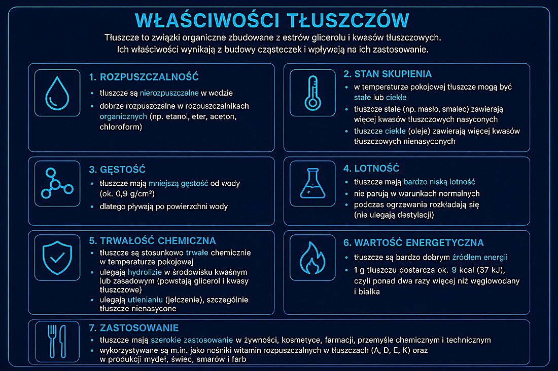 Właściwości tłuszczów: rozpuszczalność, stan skupienia, gęstość, lotność, trwałość, wartość energetyczna, zastosowanie