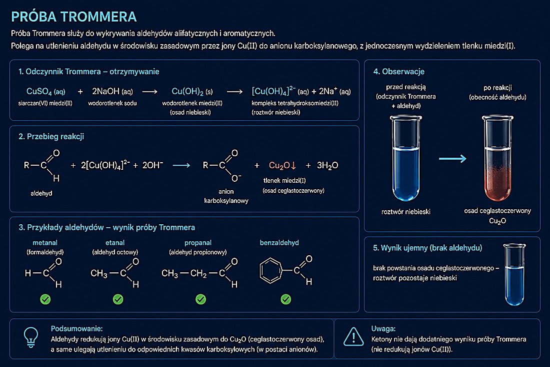 Próba Trommera — Cu(OH)2 niebieski → ceglasty osad Cu2O