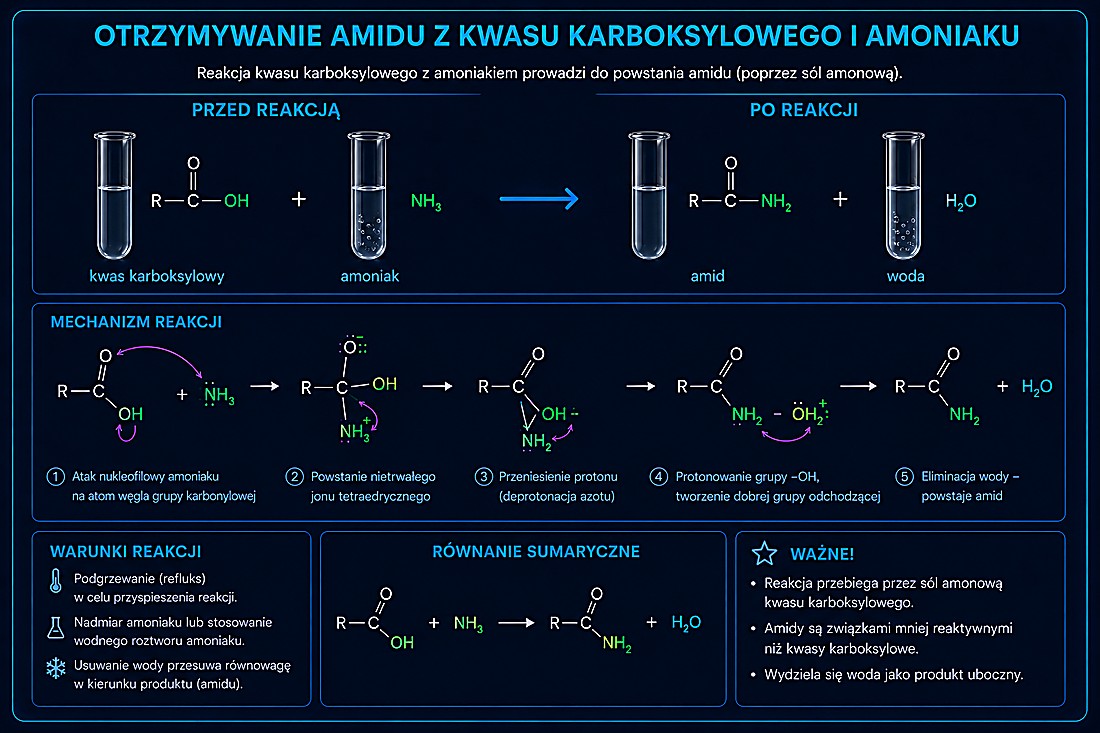 Otrzymywanie amidu z kwasu karboksylowego i amoniaku (przez sól amonową)