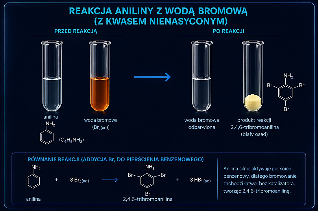 Reakcja aniliny z wodą bromową — powstaje biały osad 2,4,6-tribromoaniliny