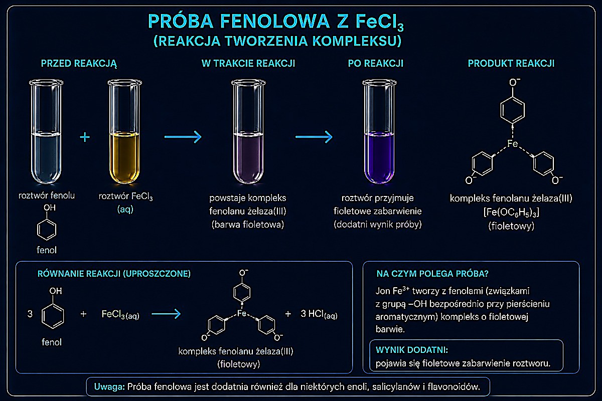 Próba fenolowa z FeCl3 — tworzenie fioletowego kompleksu fenolanu żelaza(III)