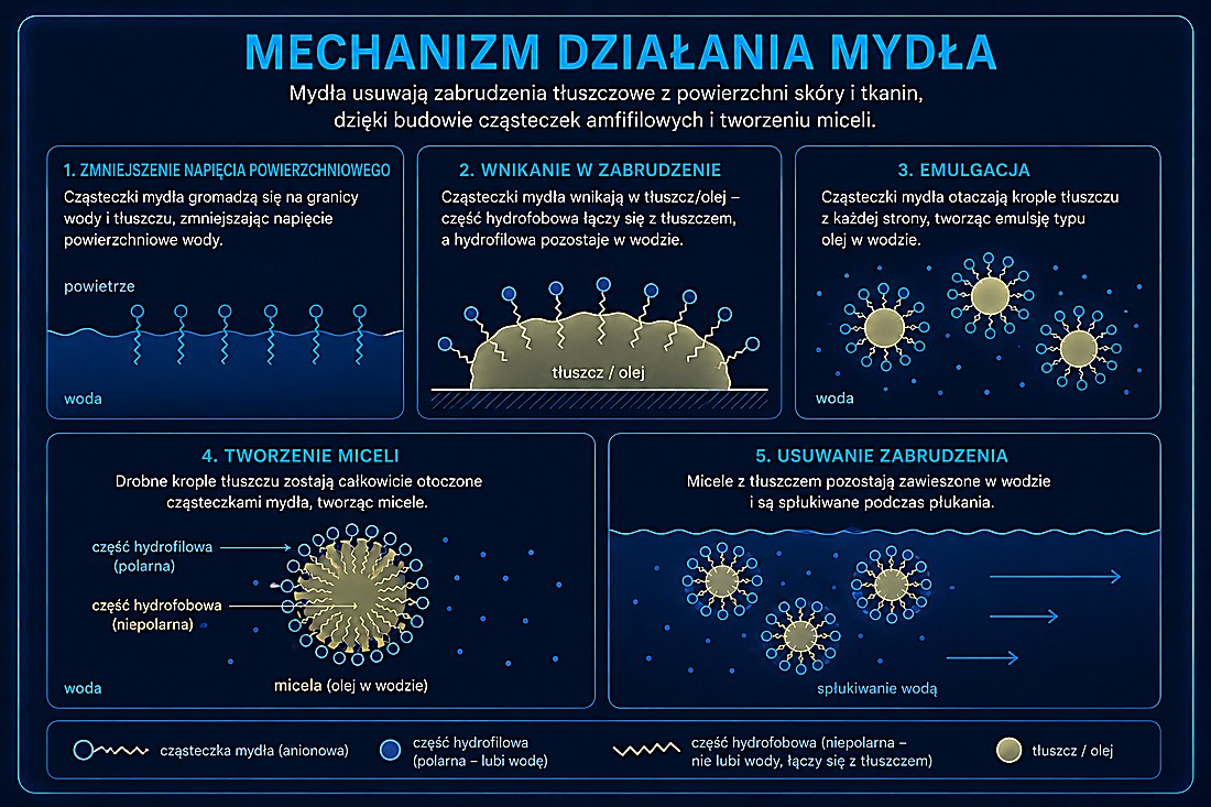 Mechanizm działania mydła — zmniejszenie napięcia powierzchniowego, wnikanie w zabrudzenie, emulgacja, tworzenie miceli, usuwanie zabrudzenia