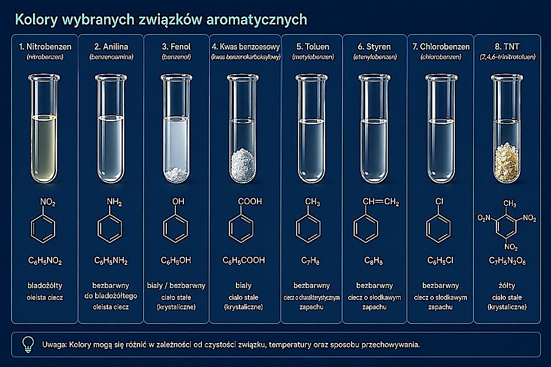 Rzeczywiste barwy wybranych związków aromatycznych w probówkach
