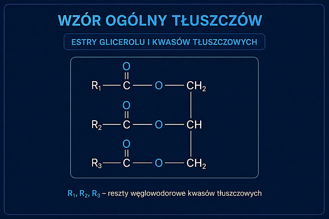 Wzór ogólny tłuszczów — estry glicerolu i kwasów tłuszczowych (R₁, R₂, R₃ — reszty kwasowe)