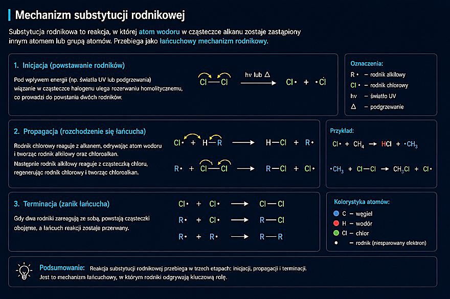 Mechanizm substytucji rodnikowej — inicjacja, propagacja, terminacja