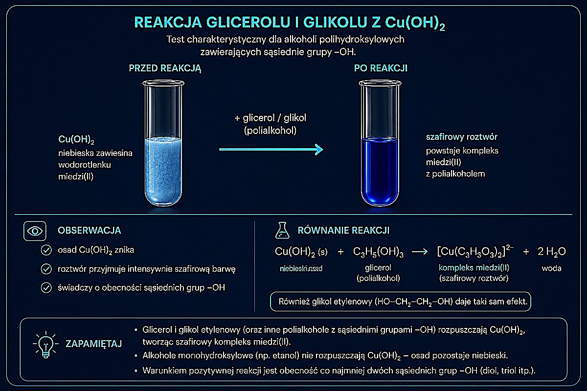 Reakcja glicerolu i glikolu z Cu(OH)2 — szafirowy roztwór