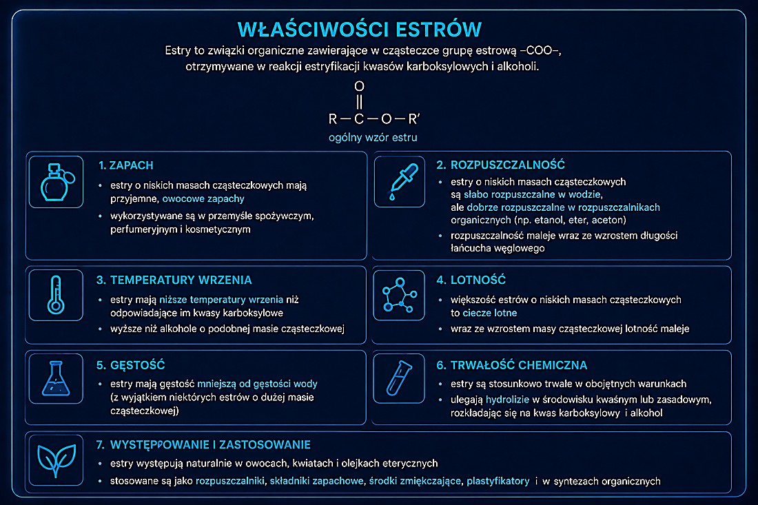 Właściwości estrów: zapach, rozpuszczalność, temperatury wrzenia, lotność, gęstość, trwałość, zastosowanie