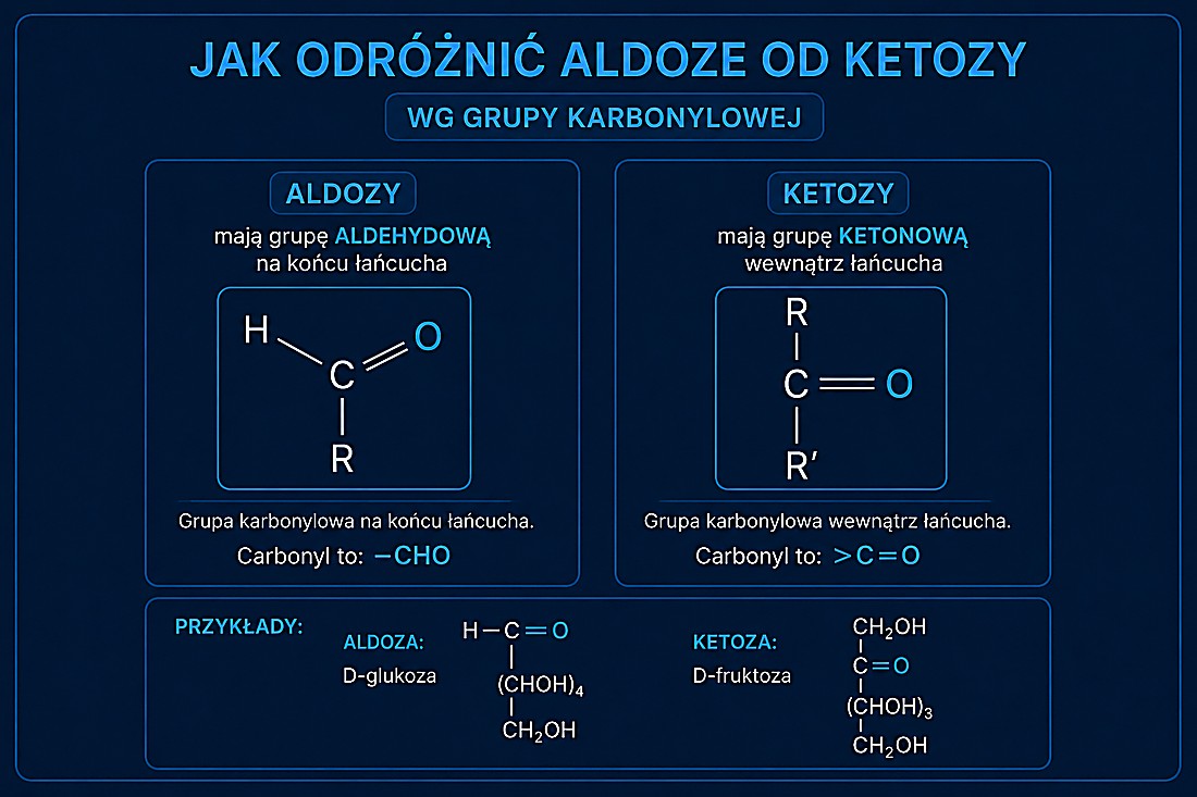 Jak odróżnić aldozę od ketozy — aldozy mają grupę aldehydową (–CHO) na końcu łańcucha, ketozy grupę ketonową (C=O) wewnątrz łańcucha