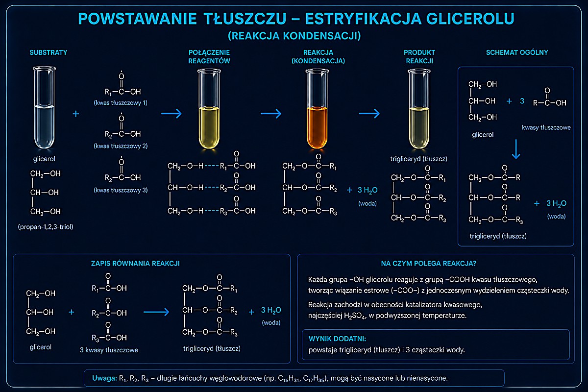 Powstawanie tłuszczu — estryfikacja (kondensacja) glicerolu z 3 kwasami tłuszczowymi, kat. H₂SO₄: powstaje tristearynian glicerolu (tłuszcz) i 3 H₂O