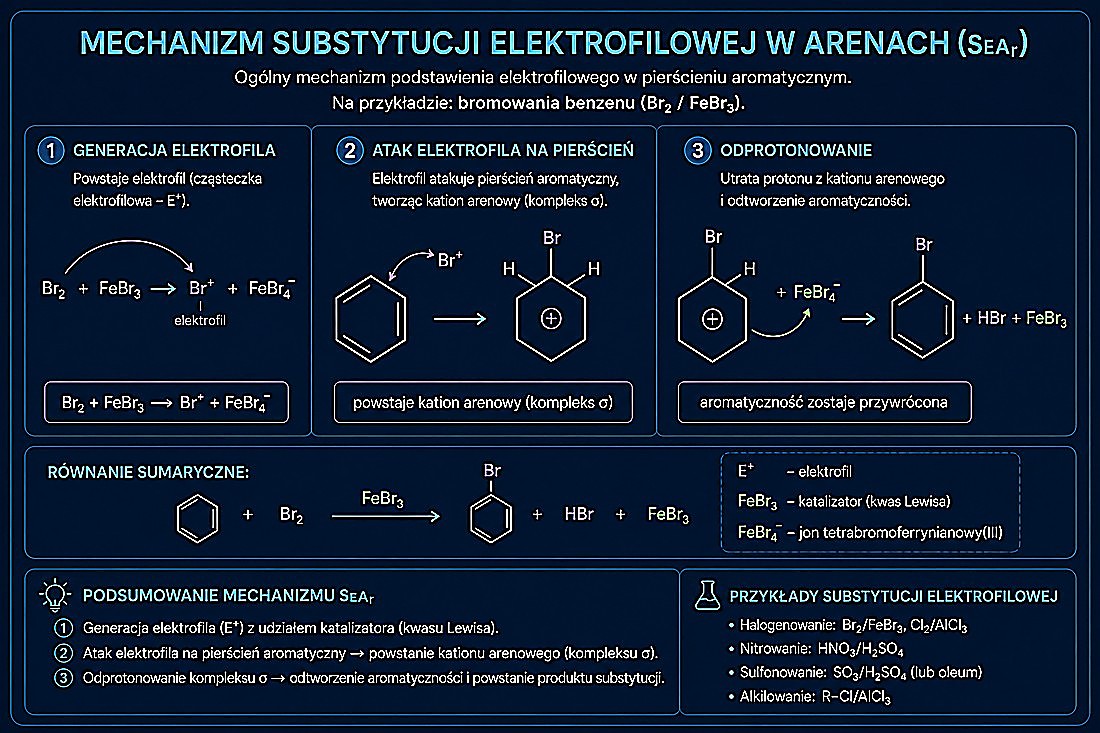 Mechanizm substytucji elektrofilowej w arenach (SEAr) na przykładzie bromowania benzenu