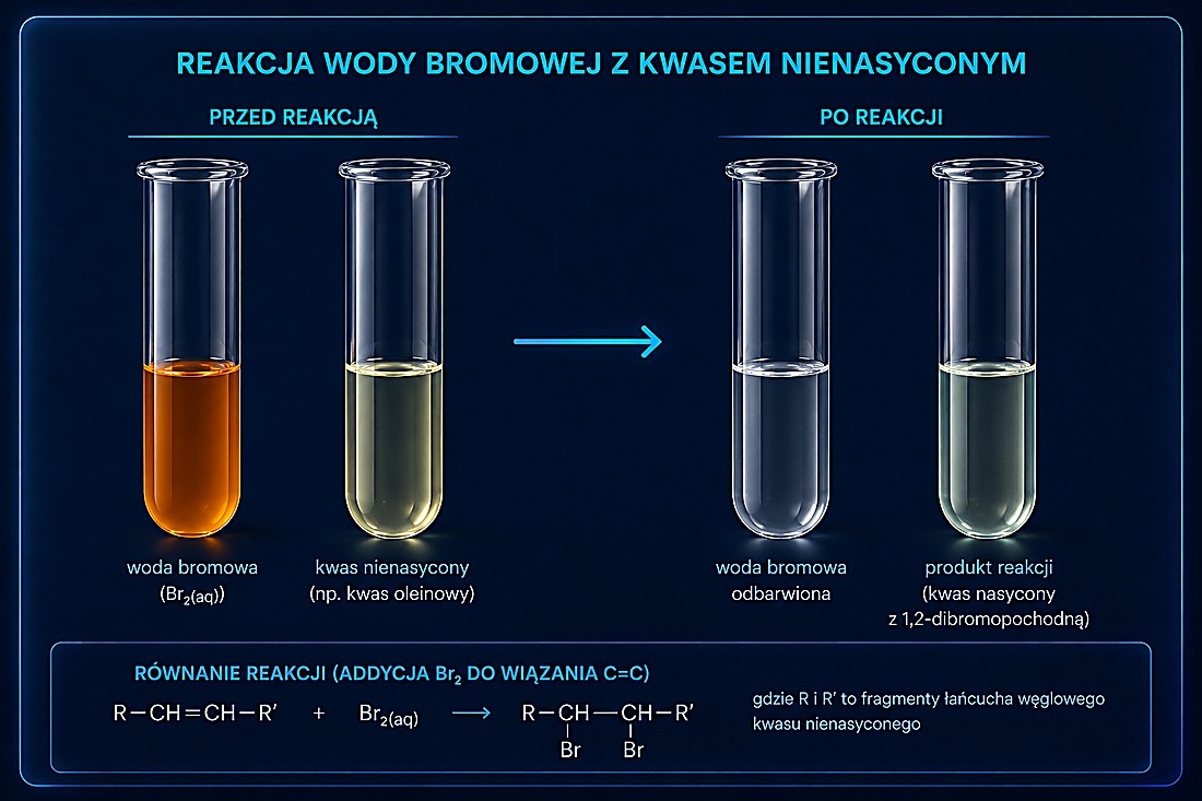 Kwasy nienasycone (np. oleinowy) odbarwiają wodę bromową — brom przyłącza się do wiązania C=C