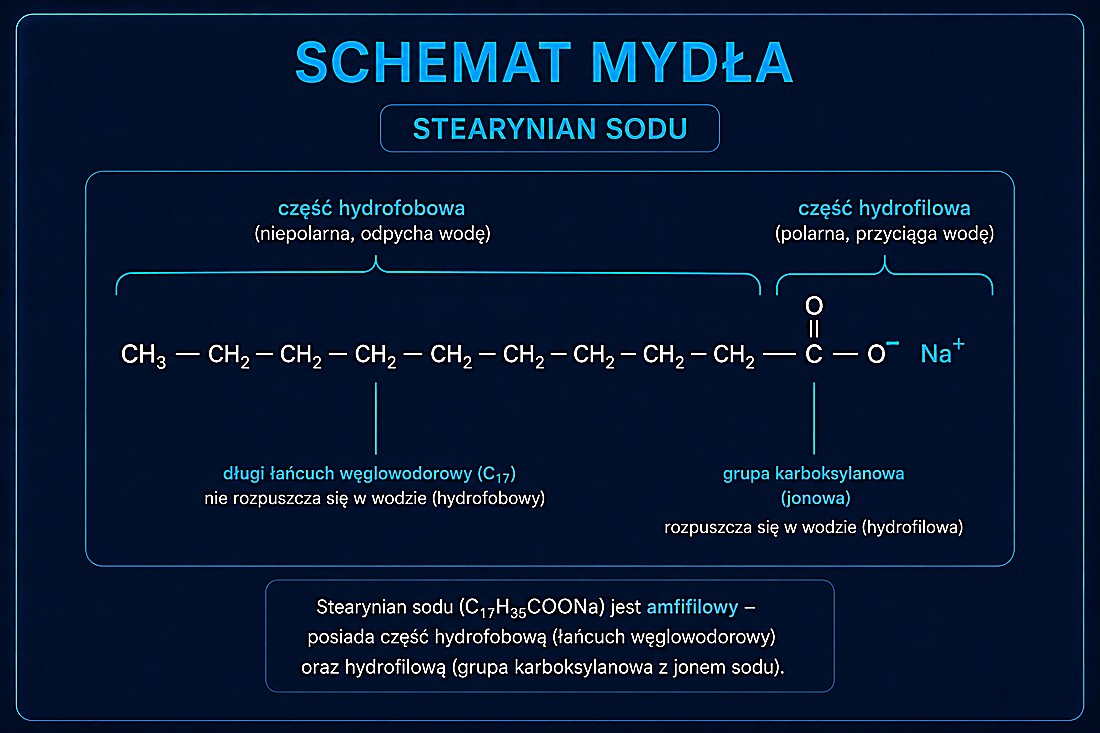 Schemat mydła (stearynian sodu) — część hydrofobowa (łańcuch węglowodorowy) i hydrofilowa (grupa karboksylanowa)